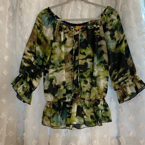 Vintage Retro Y2K Always Sunny by Sunny Leigh Green & Black Peasant Top Blouse